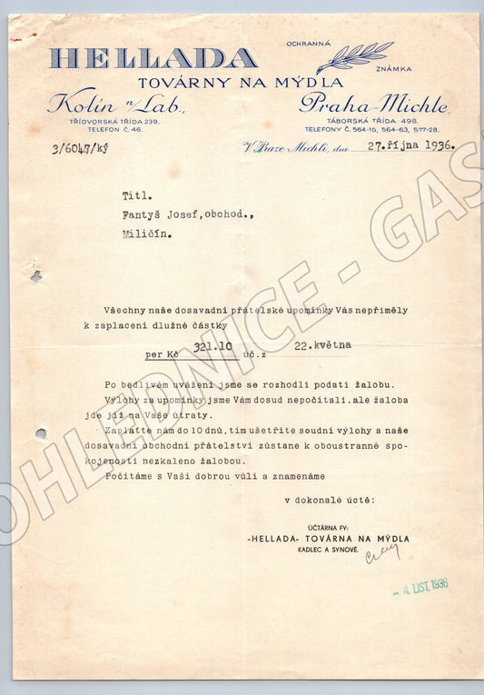 Stary dopis HELLADA Továrny na mýdla Kolín Praha-Michle 1936 (F113)