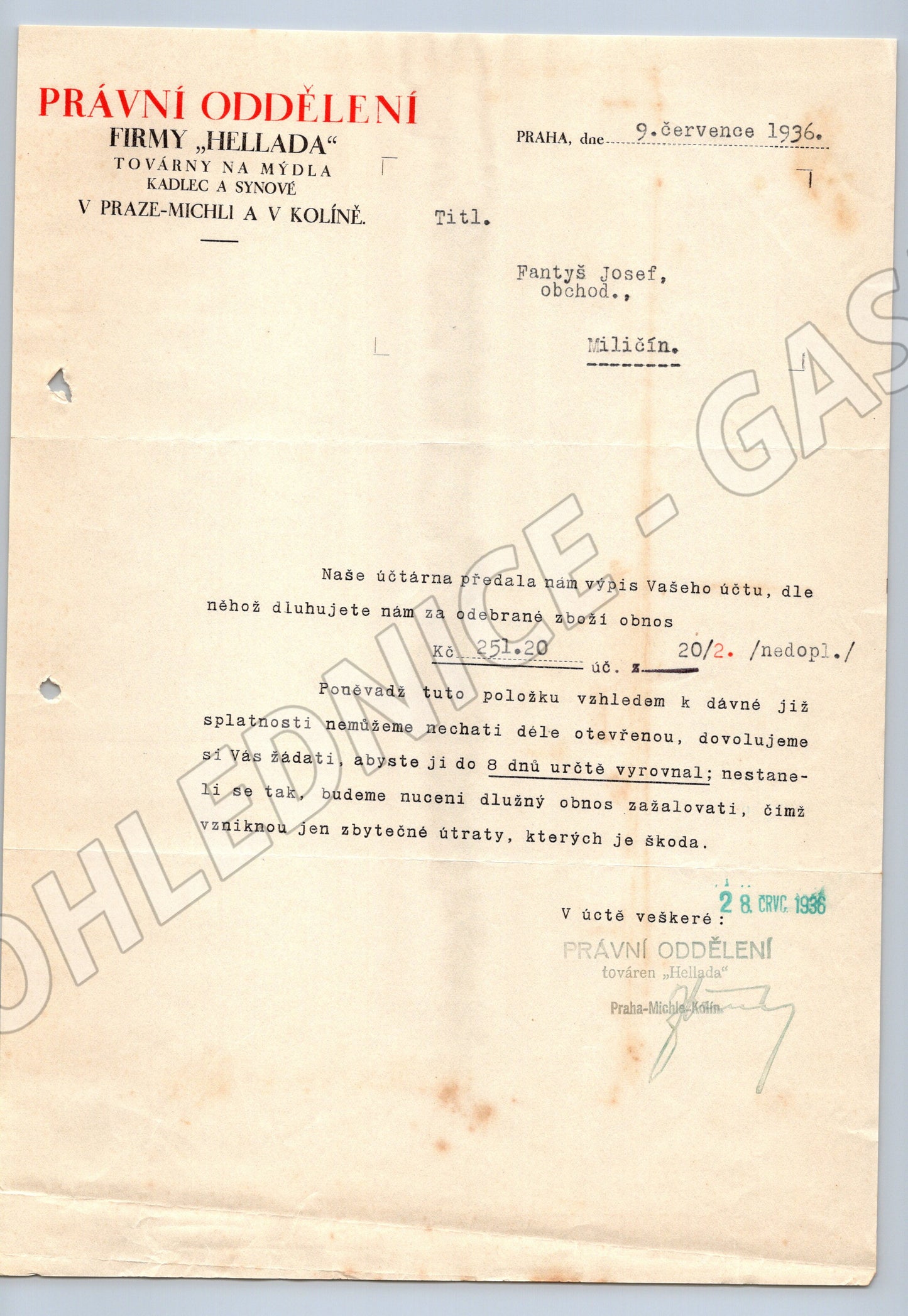 Stary dopis Hellada Praha a Kolin 1936 (F114)