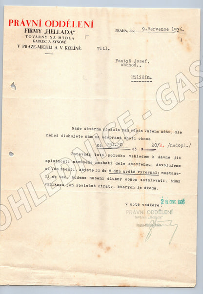 Stary dopis Hellada Praha a Kolin 1936 (F114)