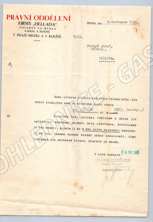 Stary dopis Hellada Praha a Kolin 1936 (F114)