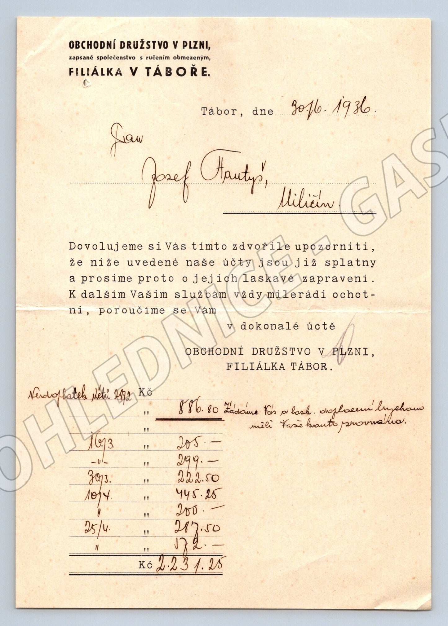 Stary dopis Obchodní družstvo Plzeň Tábor 1936 (F116)