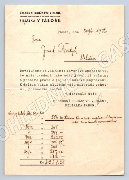 Stary dopis Obchodní družstvo Plzeň Tábor 1936 (F116)