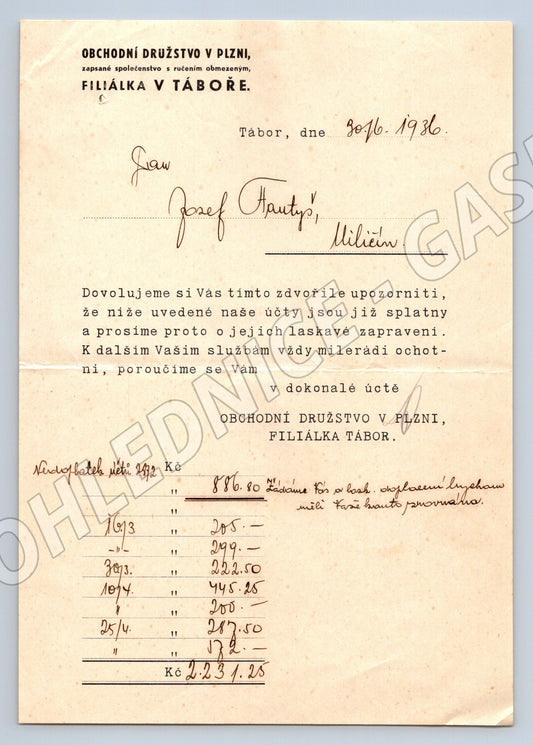 Stary dopis Obchodní družstvo Plzeň Tábor 1936 (F116)