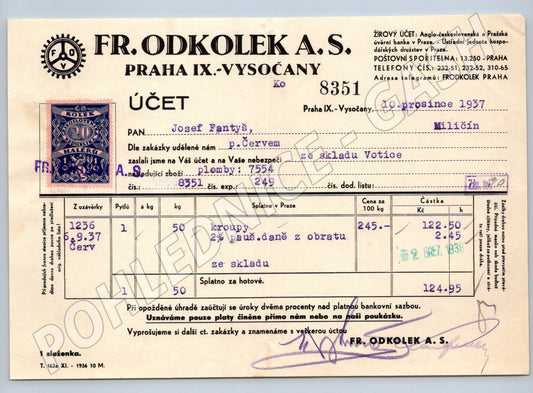 Stary účet Fr. Odkołek A.S. Praha IX-Vysočany 1937 kolek (F118)