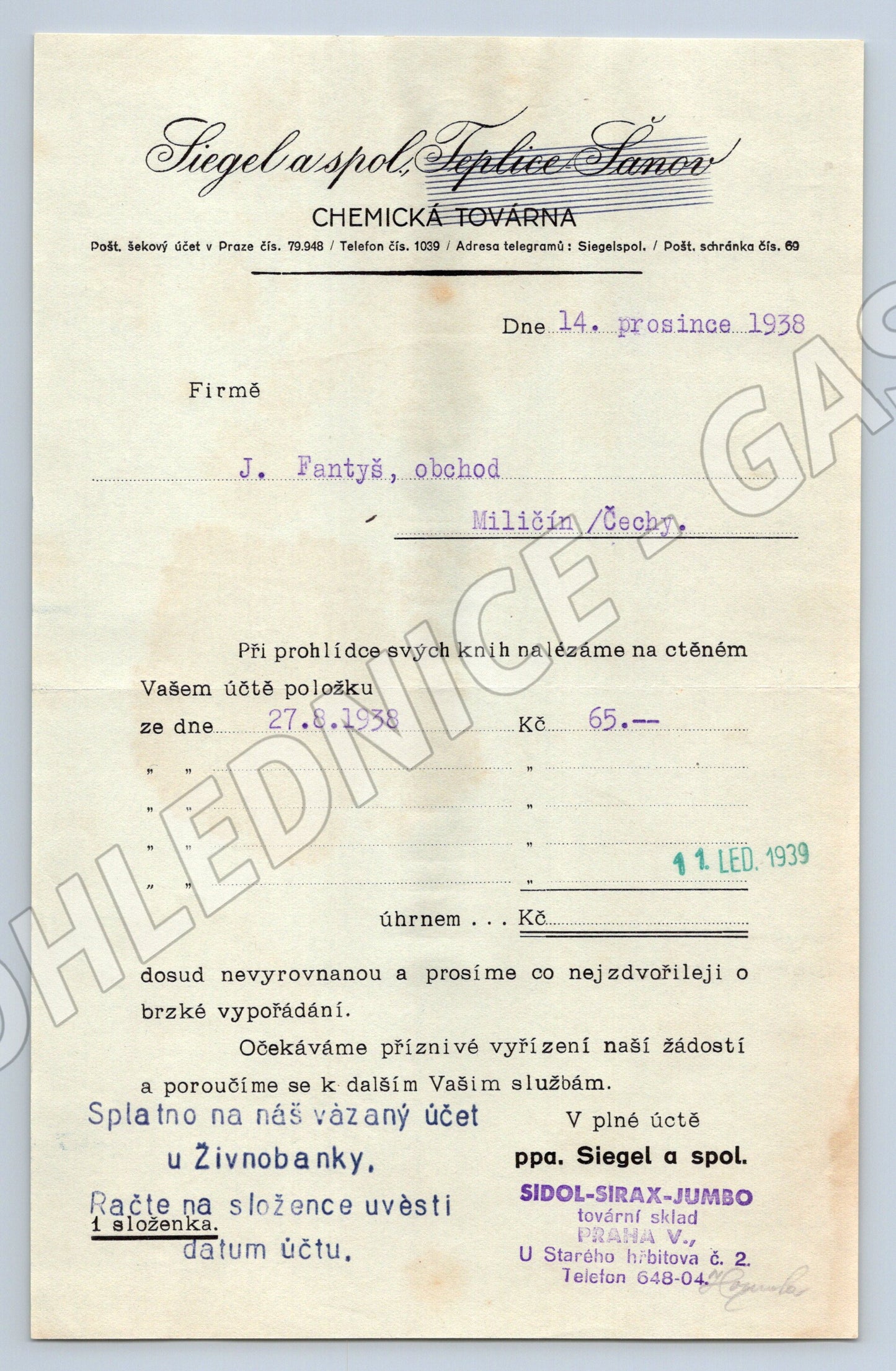 Stary dokument Siegel a spol. Teplice Sanov Chemicka tovarna 19 (F119)