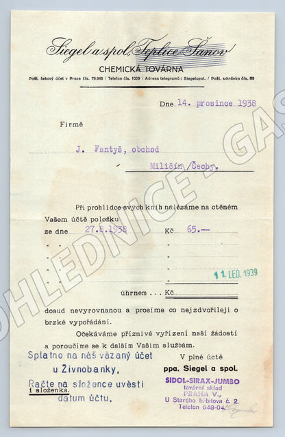 Stary dokument Siegel a spol. Teplice Sanov Chemicka tovarna 19 (F119)