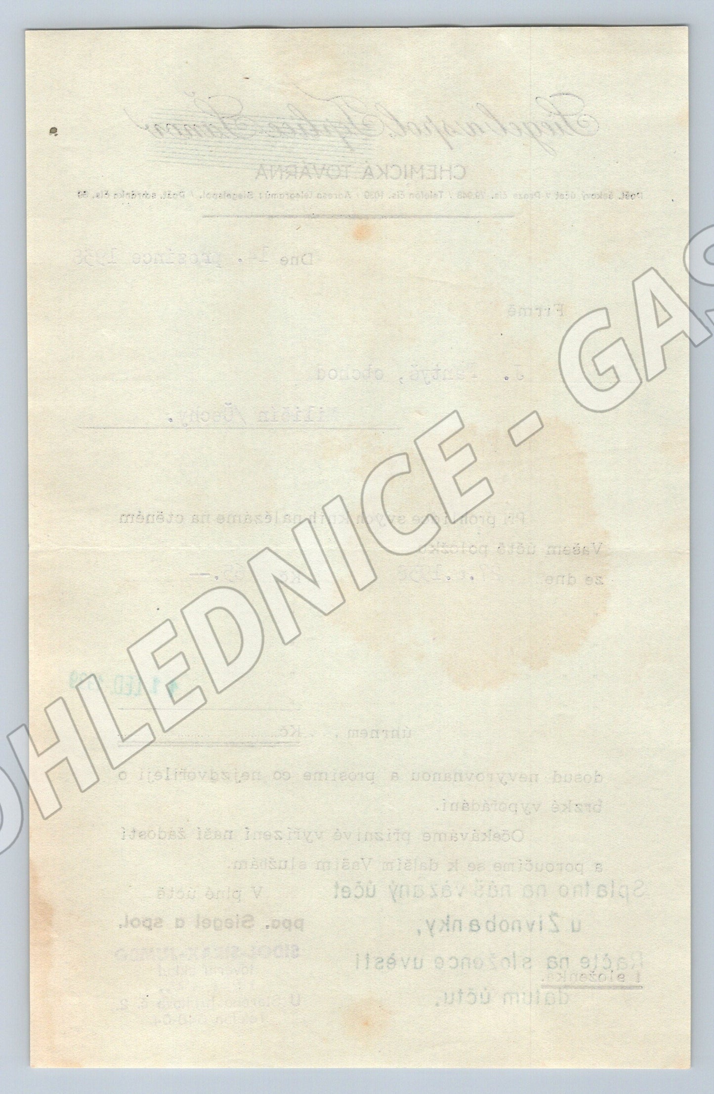 Stary dokument Siegel a spol. Teplice Sanov Chemicka tovarna 19 (F119)