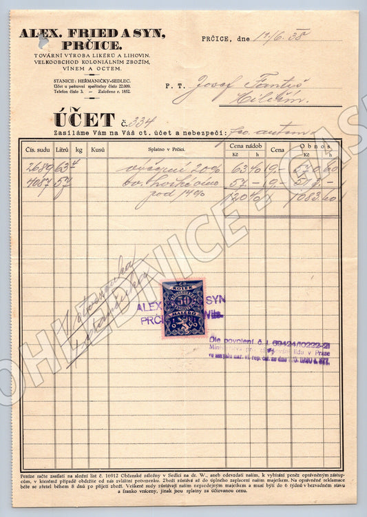 Stary účet Alex. Fried a Syn Pročice 1946 (F120)