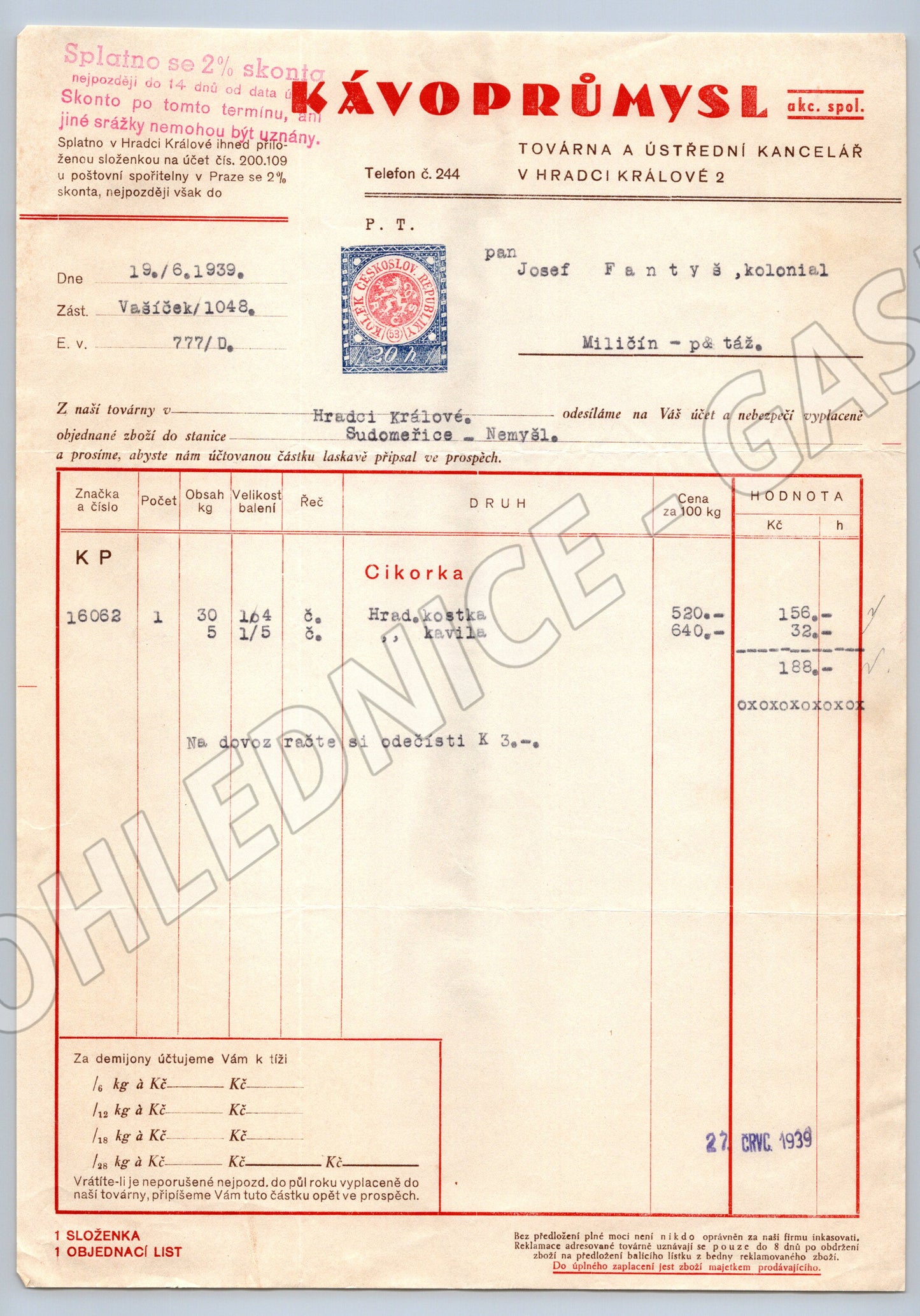 Stary KAVOPRŮMYSL Hradec Králové faktura 1939 s kolkem (F121)