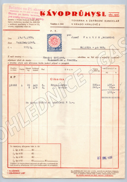 Stary KAVOPRŮMYSL Hradec Králové faktura 1939 s kolkem (F121)