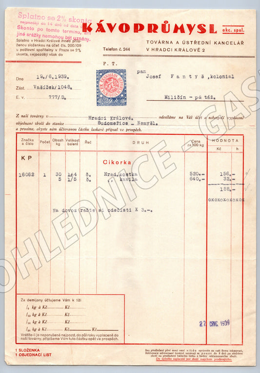 Stary KAVOPRŮMYSL Hradec Králové faktura 1939 s kolkem (F121)