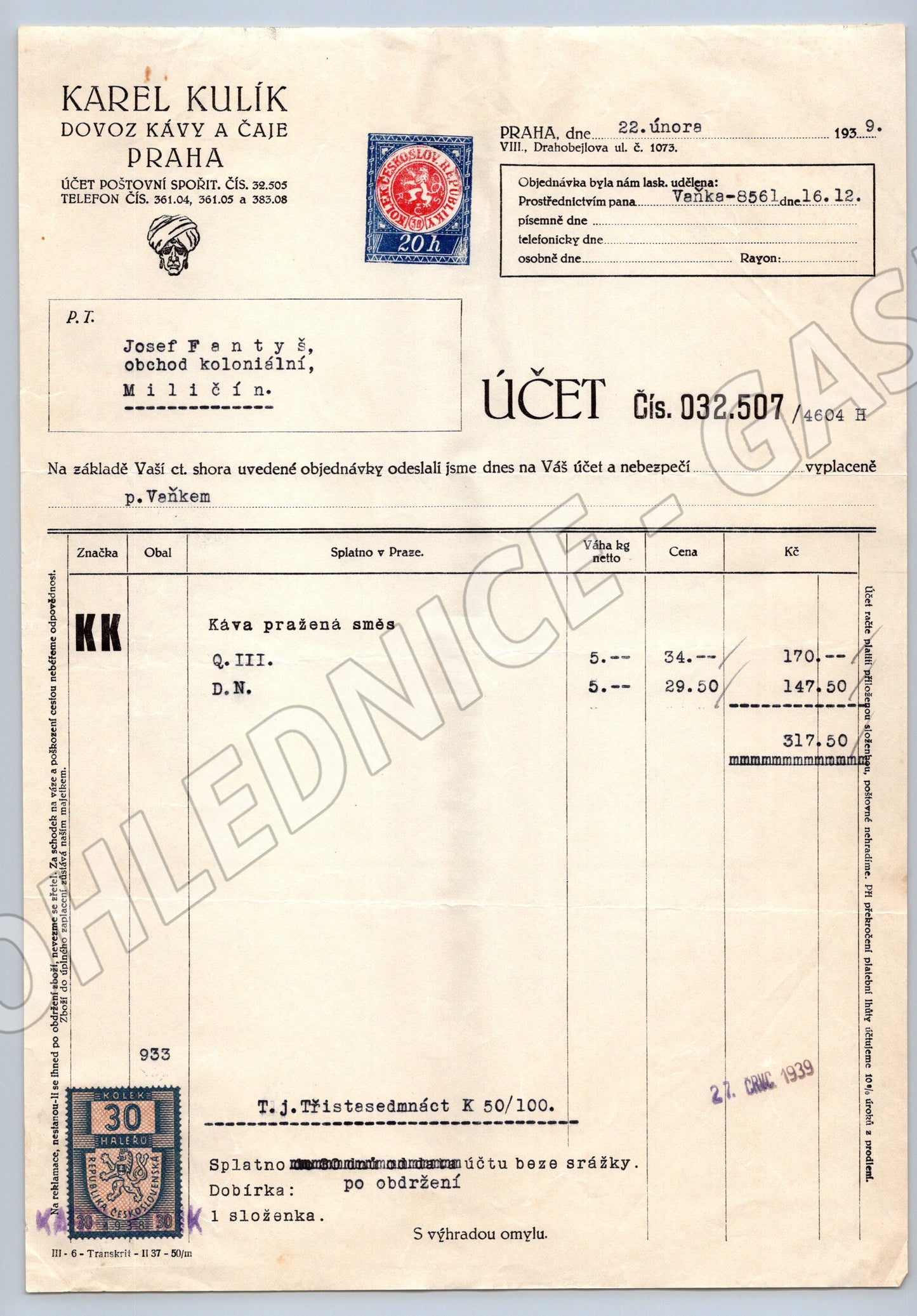 Stary ucet Karel Kulik Praha kava a caj 1939 (F122)