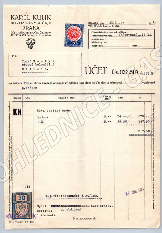 Stary ucet Karel Kulik Praha kava a caj 1939 (F122)