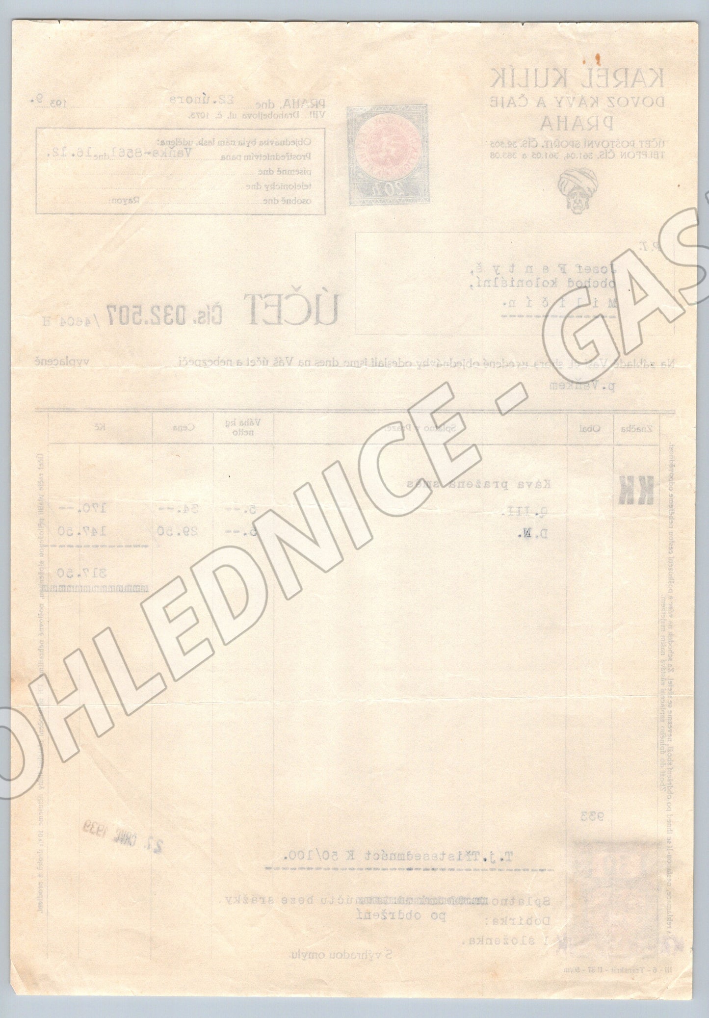 Stary ucet Karel Kulik Praha kava a caj 1939 (F122)