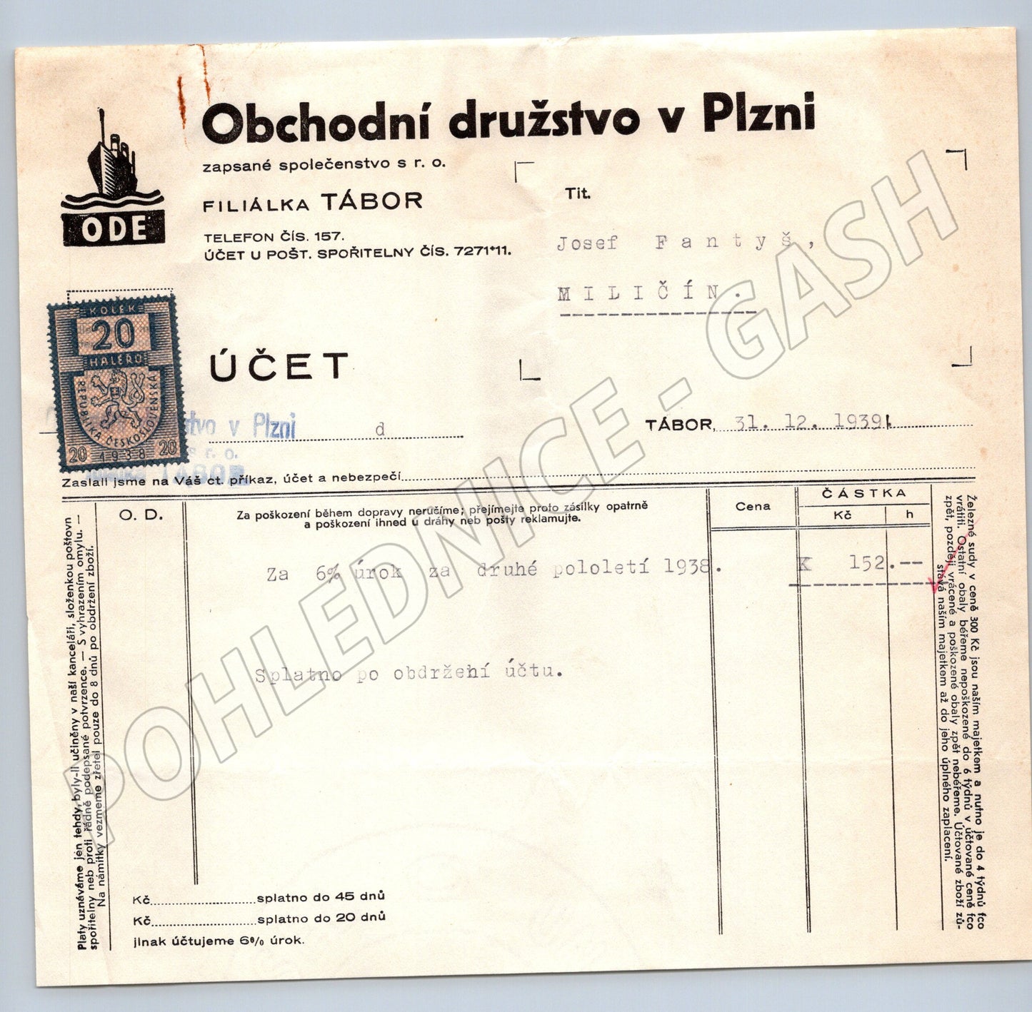 Stary účet Obchodní družstvo Plzeň Filiálka Tábor 1939 (F123)