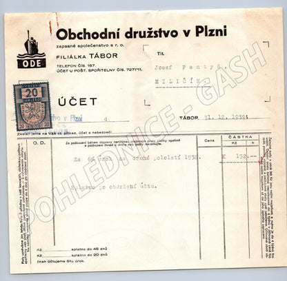 Stary účet Obchodní družstvo Plzeň Filiálka Tábor 1939 (F123)