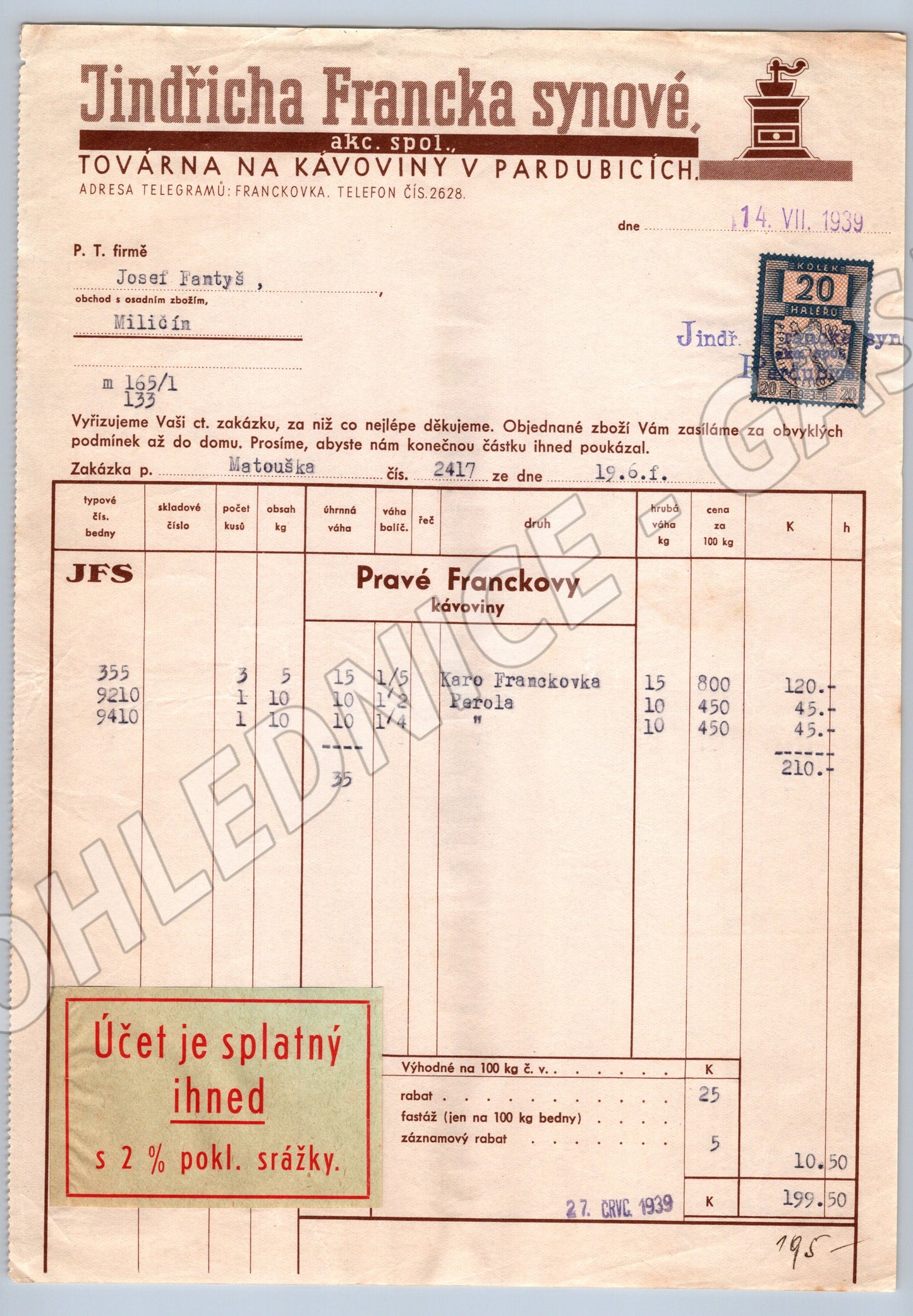 Stary doklad Jindřicha Francka synové Pardubice 1939 (F124)