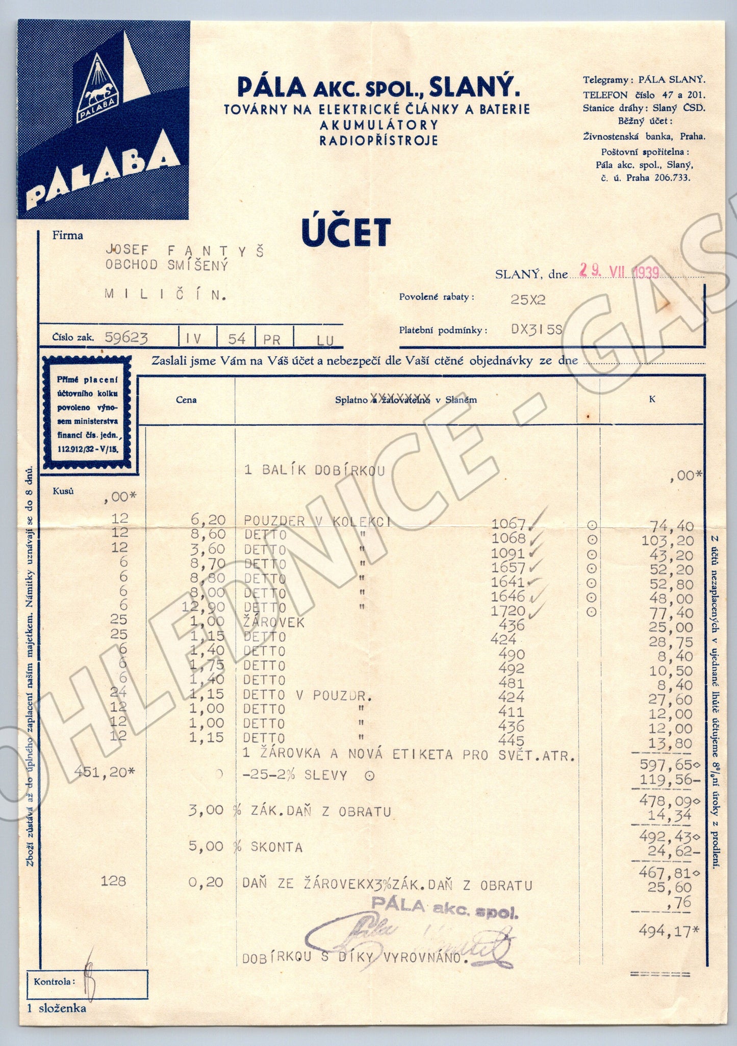Stary účet PÁLABA Slaný Továrna na baterie 1939 (F126)