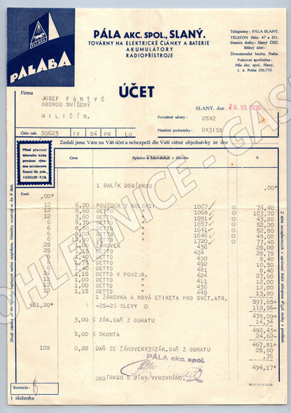 Stary účet PÁLABA Slaný Továrna na baterie 1939 (F126)