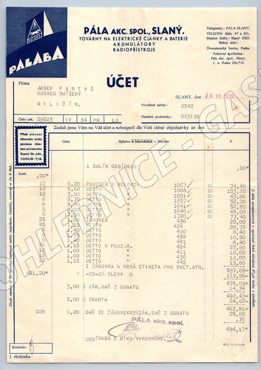 Stary účet PÁLABA Slaný Továrna na baterie 1939 (F126)