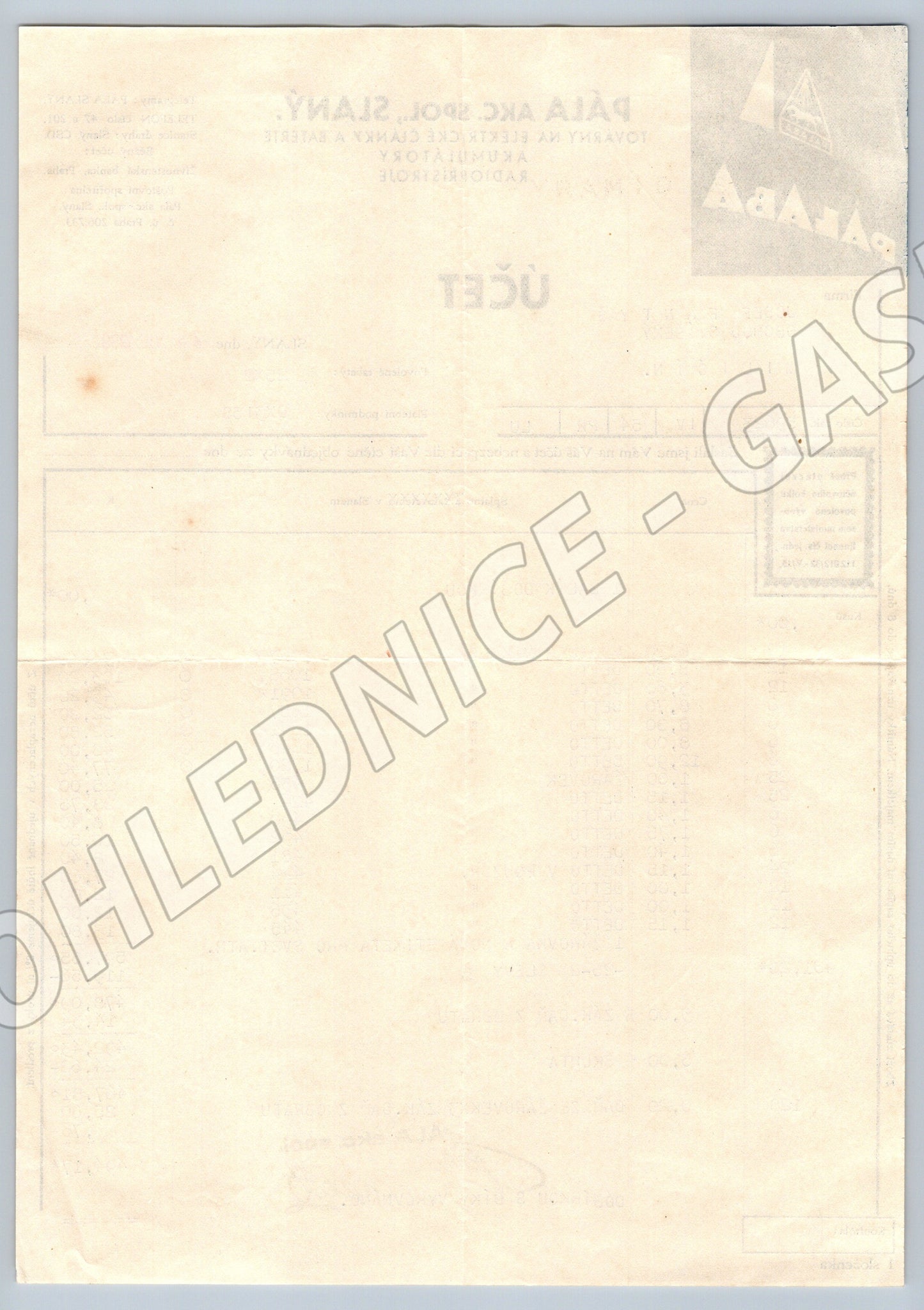 Stary účet PÁLABA Slaný Továrna na baterie 1939 (F126)