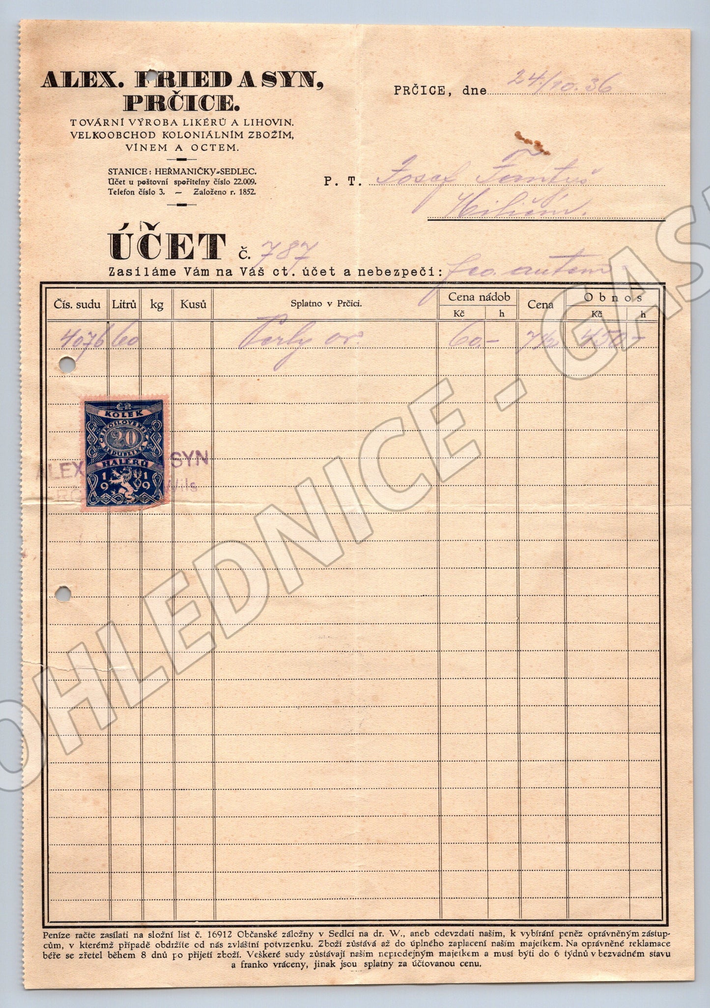 Stary Alex Fried a Syn Prčice Ucet 1936 s kolkem (F127)
