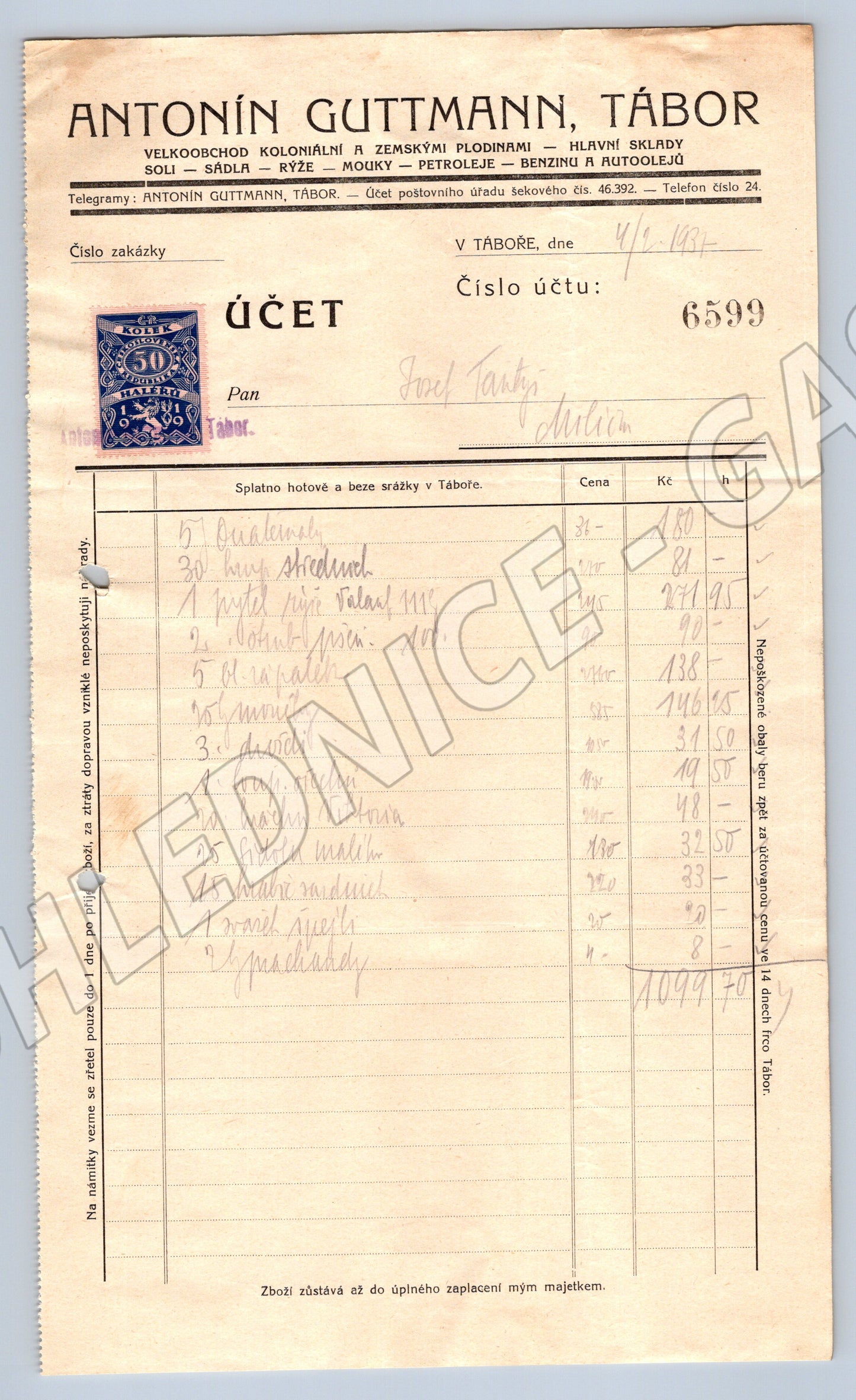 Stary Účet ANTONÍN GUTTMANN TÁBOR - Koloniál Benzín Hlavicka (F129)