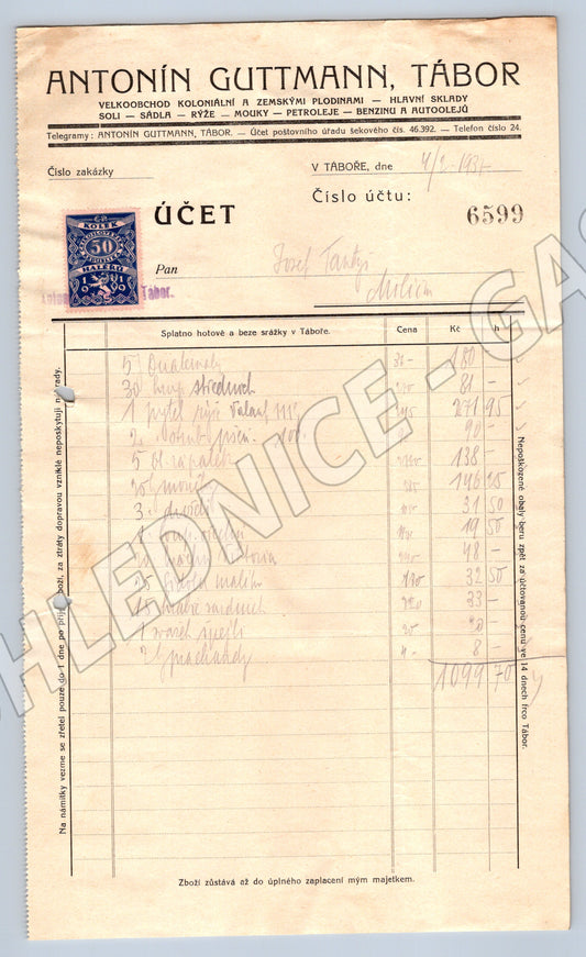Stary Účet ANTONÍN GUTTMANN TÁBOR - Koloniál Benzín Hlavicka (F129)