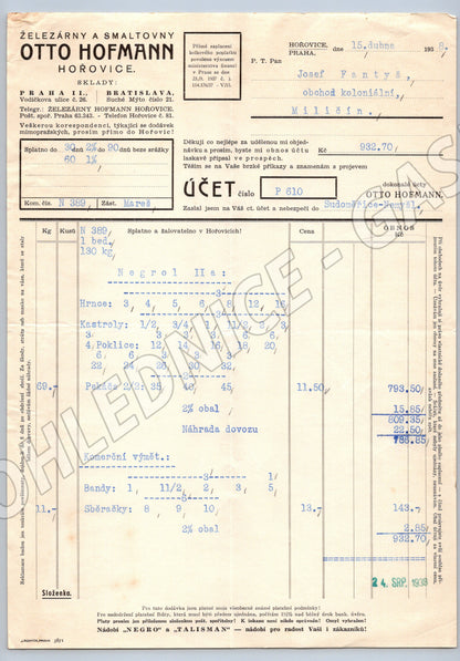 Stary účet Železárny a Smaltovny Otto Hofmann Horovice 1938 (F130)