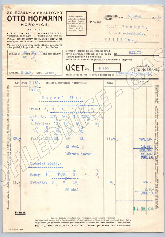 Stary účet Železárny a Smaltovny Otto Hofmann Horovice 1938 (F130)