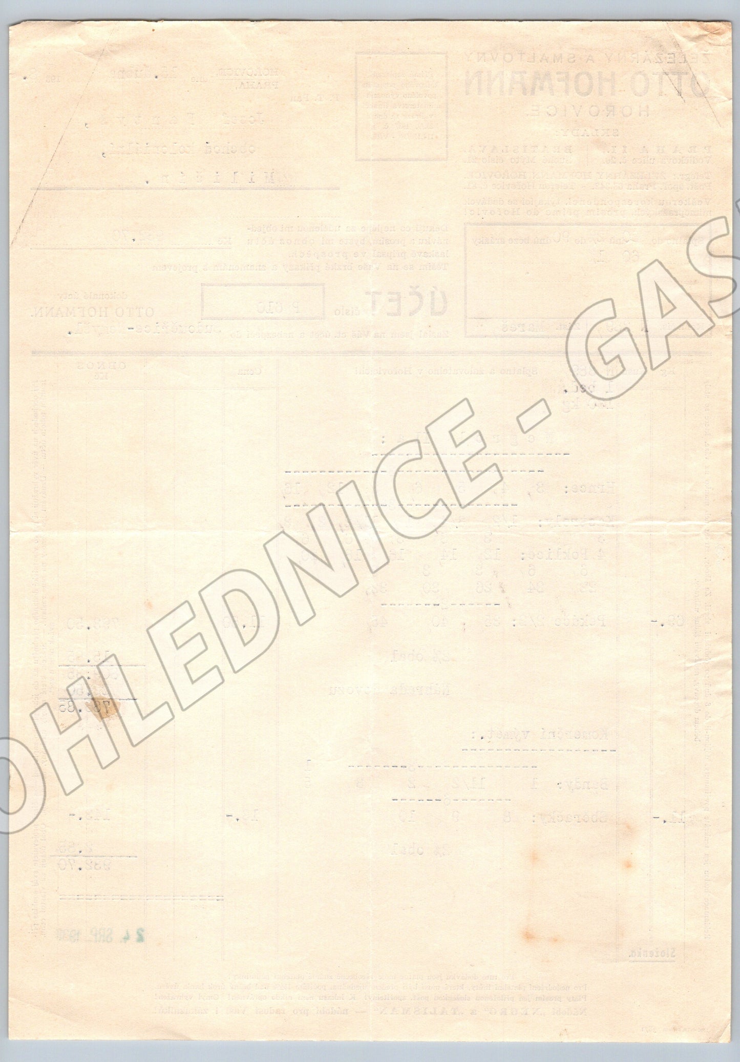 Stary účet Železárny a Smaltovny Otto Hofmann Horovice 1938 (F130)