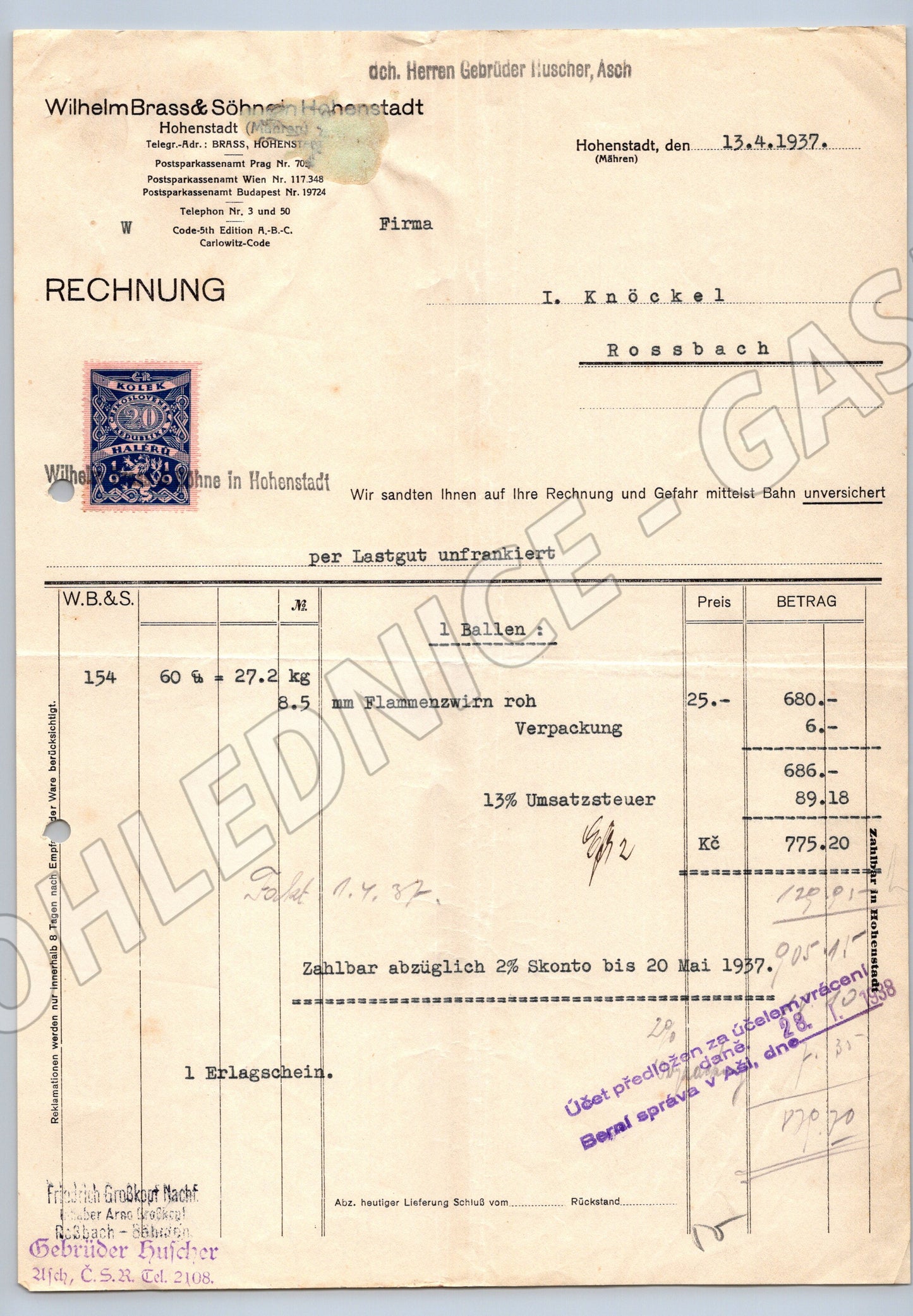 Stary Wilhelm Brass & Söhne Hohenstadt faktura 1937 s kolkem (F131)