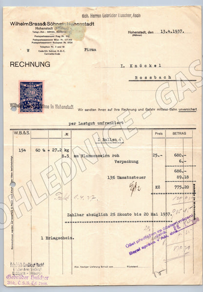 Stary Wilhelm Brass & Söhne Hohenstadt faktura 1937 s kolkem (F131)