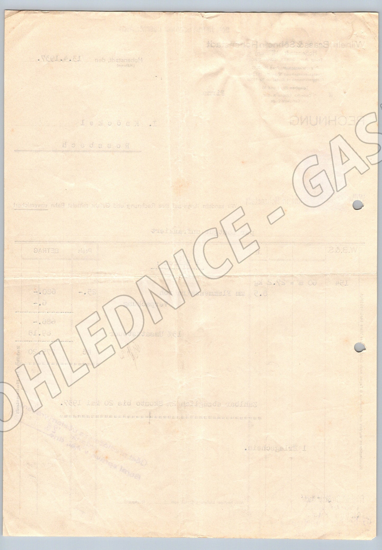 Stary Wilhelm Brass & Söhne Hohenstadt faktura 1937 s kolkem (F131)