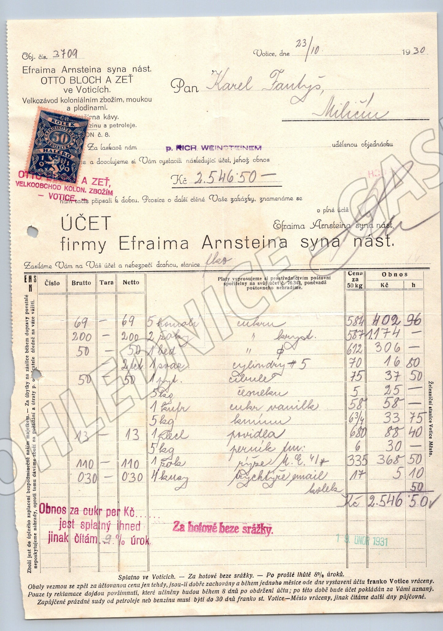 Stary ucet Efraima Arnsteina syna nast. Votice 1930 (F134)