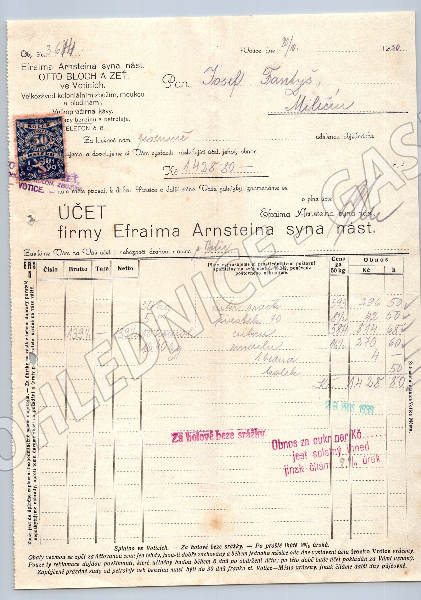 Stary doklad Efraim Arnsteina Votice 1930 s kolkem (F135)