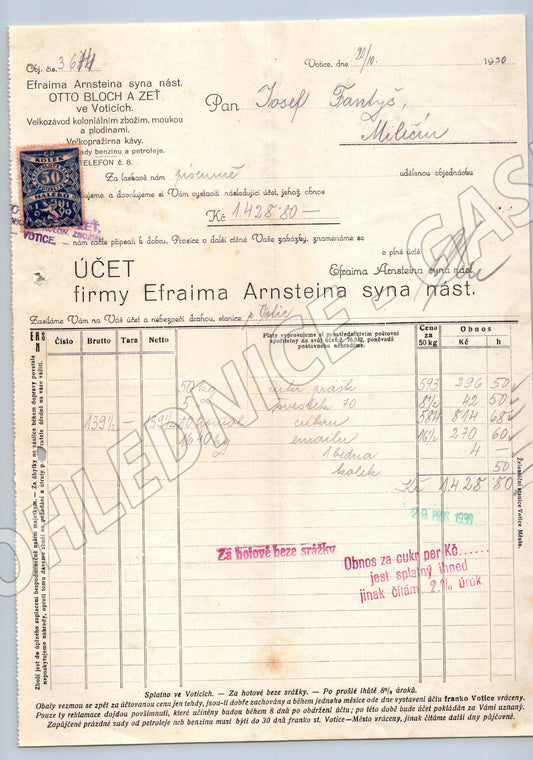 Stary doklad Efraim Arnsteina Votice 1930 s kolkem (F135)