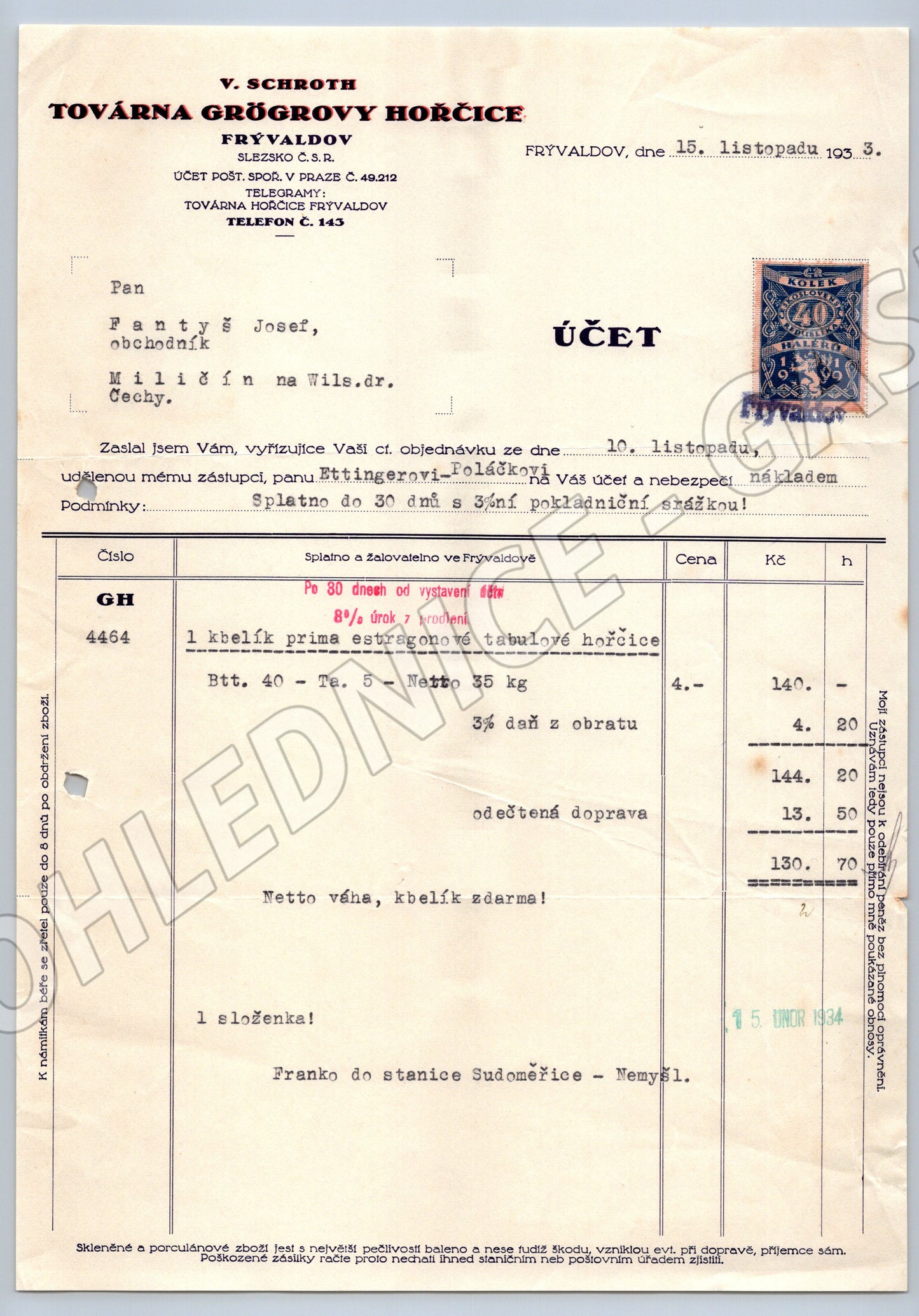 Stary účet Továrna Grügrovy Hořice Frývaldov 1933 (F136)