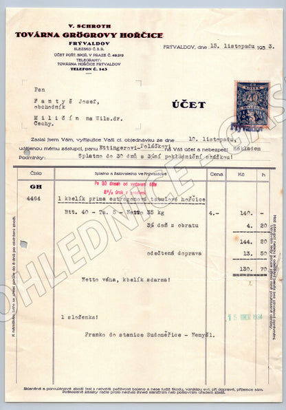 Stary účet Továrna Grügrovy Hořice Frývaldov 1933 (F136)