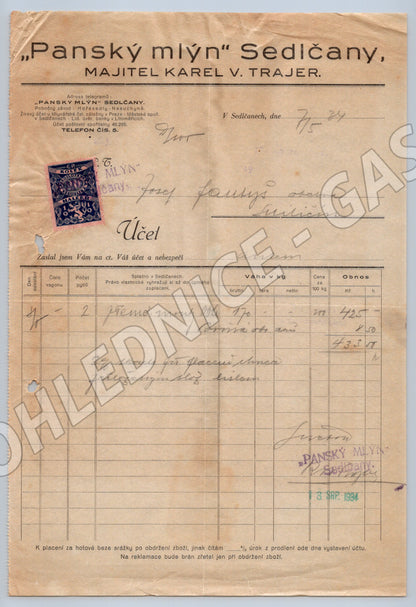 Stary Panský Mlýn Sedlčany - Faktura s kolkem 1924 (F137)