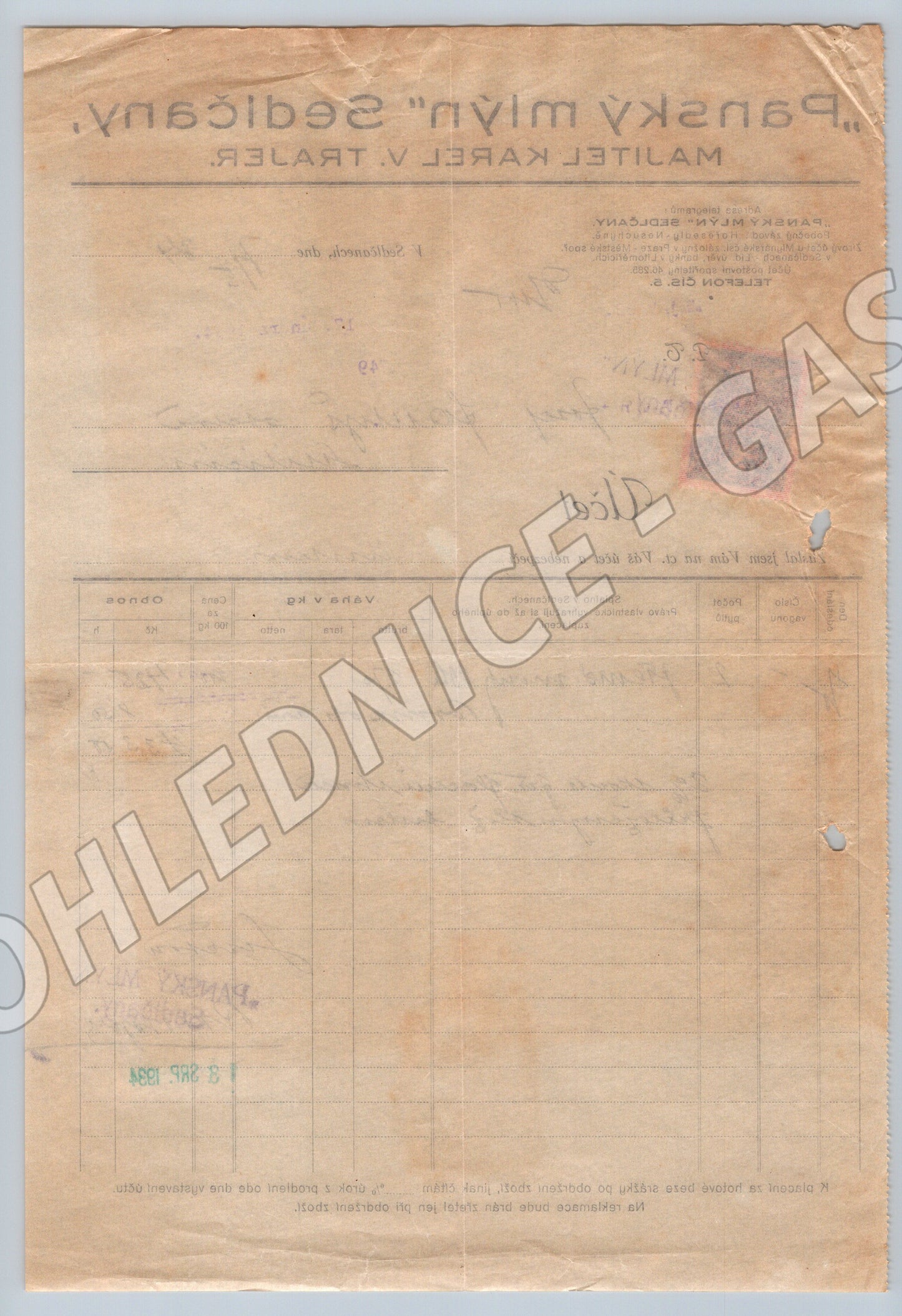 Stary Panský Mlýn Sedlčany - Faktura s kolkem 1924 (F137)