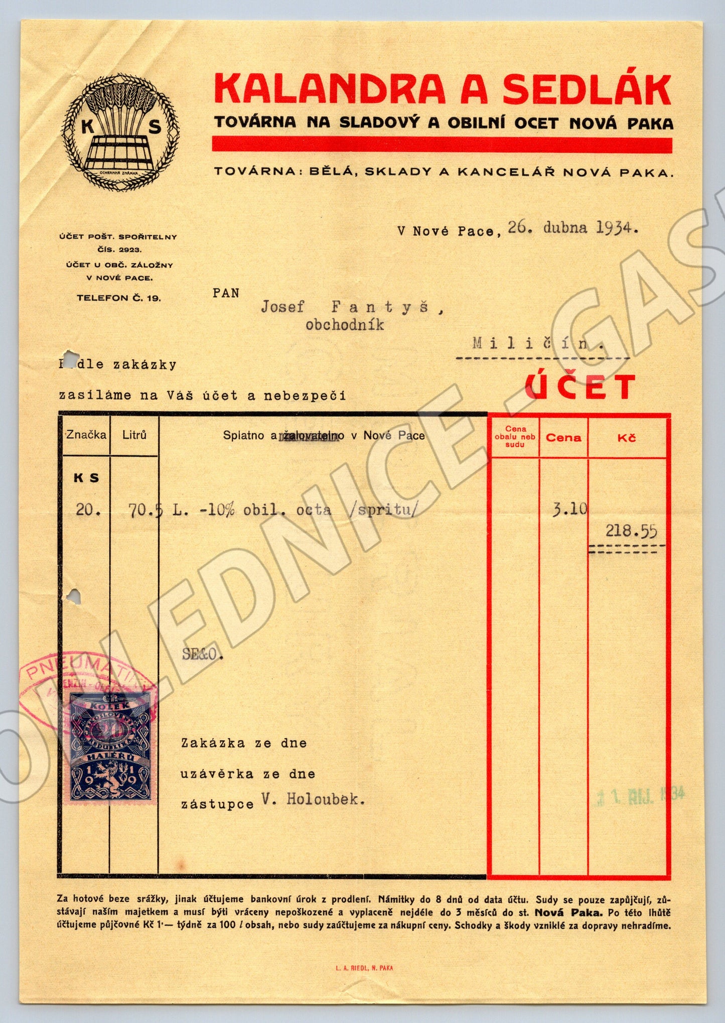 Stary ucet Kalandra a Sedlak Nova Paka 1934 (F138)