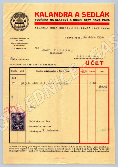 Stary ucet Kalandra a Sedlak Nova Paka 1934 (F138)