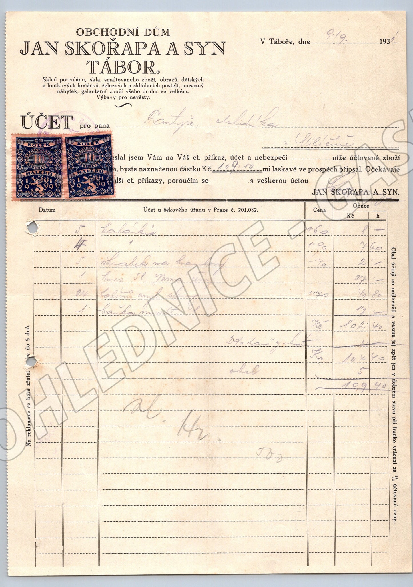 Stary účet Obchodní dům Jan Skořapa a Syn Tábor kolky 193x (F139)