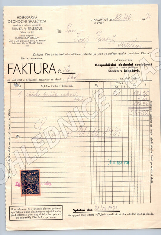 Stary Hospodářská obchodní společnost Benešov faktura 1931 (F140)