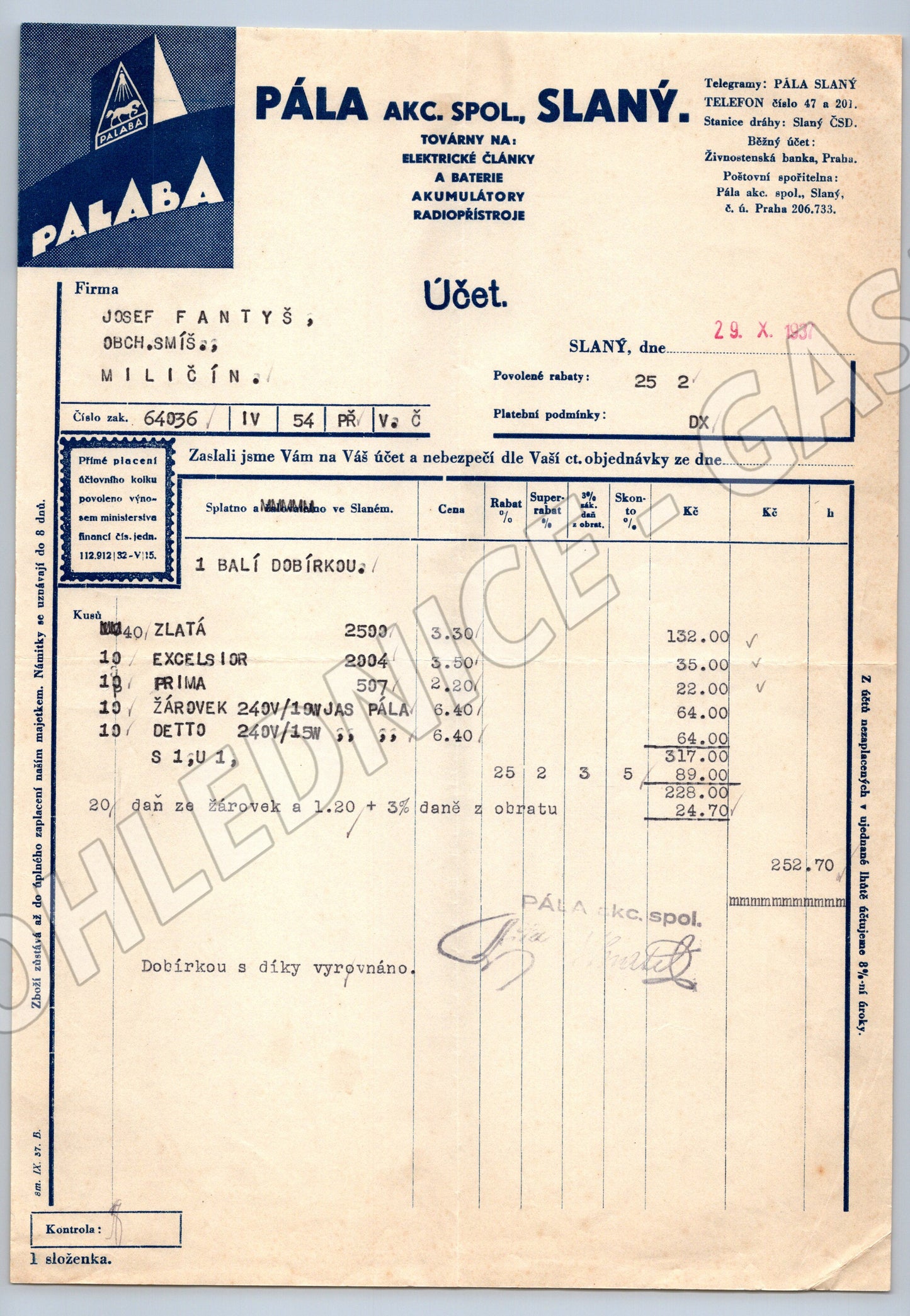Stary účet PÁLA AKC. SPOL. Slaný Žárovky a baterie 1937 (F141)