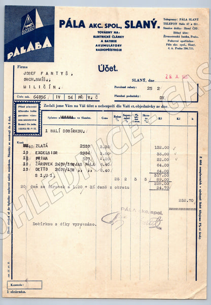 Stary účet PÁLA AKC. SPOL. Slaný Žárovky a baterie 1937 (F141)