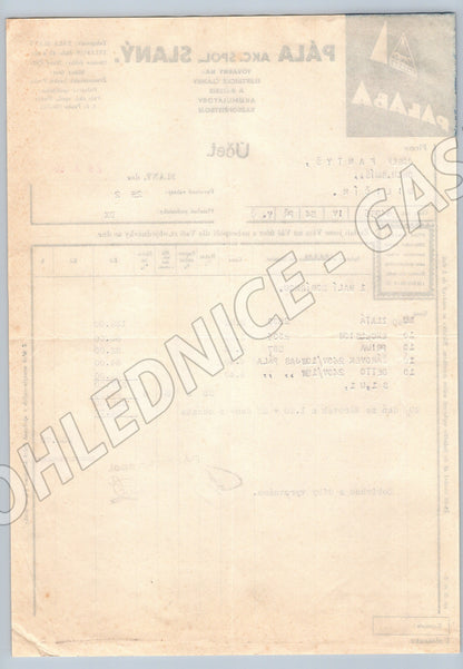 Stary účet PÁLA AKC. SPOL. Slaný Žárovky a baterie 1937 (F141)