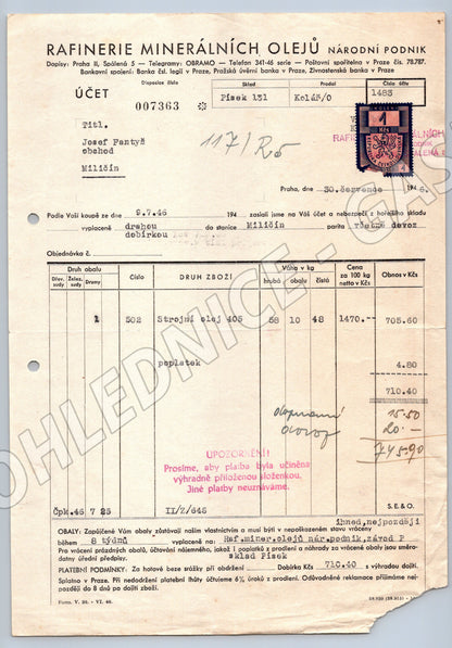 Stary ucet Rafinerie Minerálních Olejů Praha 1946 (F142)