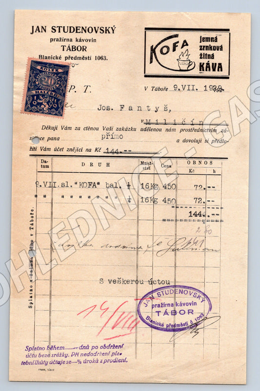 Stary účet JAN STUDENOVSKÝ Tábor KOFA káva 1928 (F143)